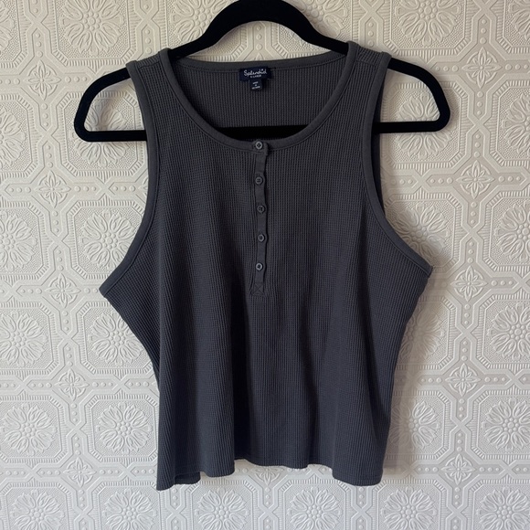 Splendid Tops - Splendid Charcoal Gray Waffle Crop Henley Tank Top size XL